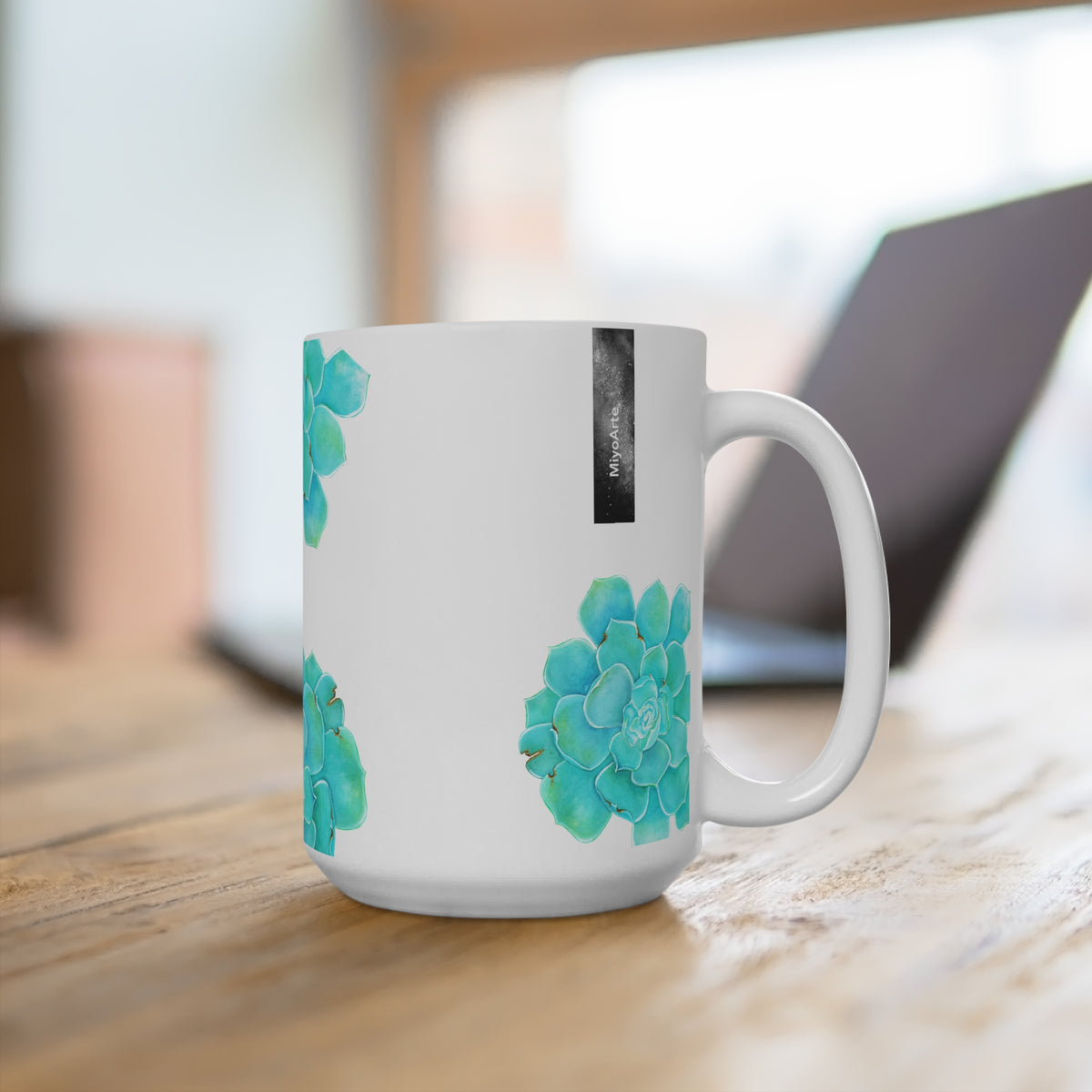 Taza cerámica blanca ilustración BOTANICA TURQUESA en sublimación 15oz (0,44L) ,@Miyoarte