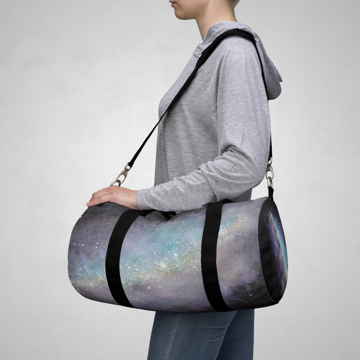 Bolso deportivo galaxia colorido fondo negro ,"Coleccion Galaxia"