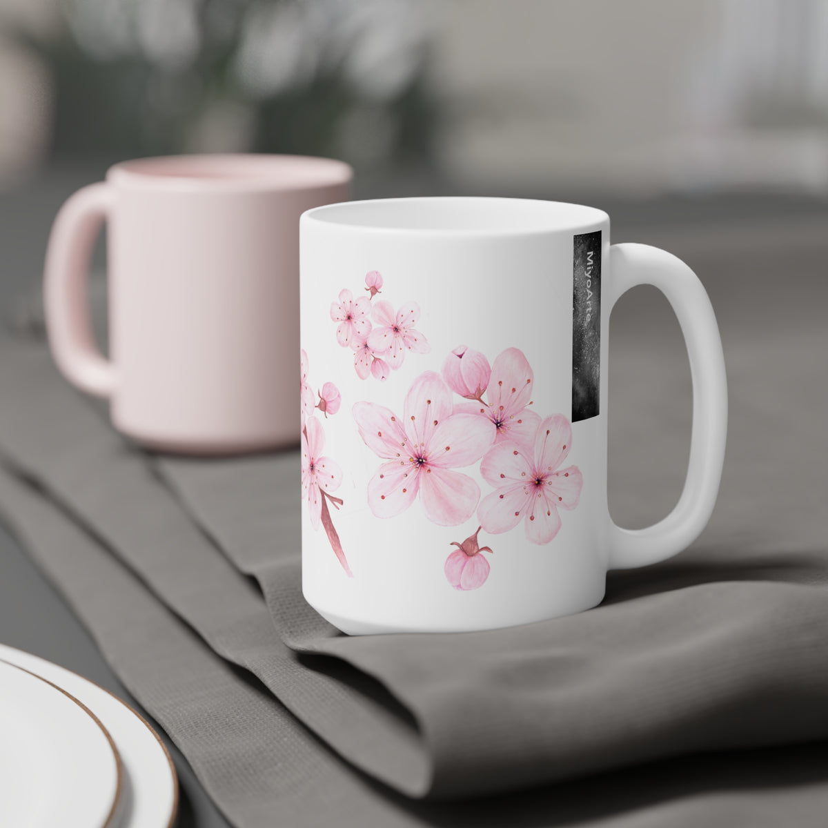 Taza cerámica blanca ilustración Floral en sublimación 15oz (0,44L) ,"COLECCION Almendro ROSADO"@Miyoarte