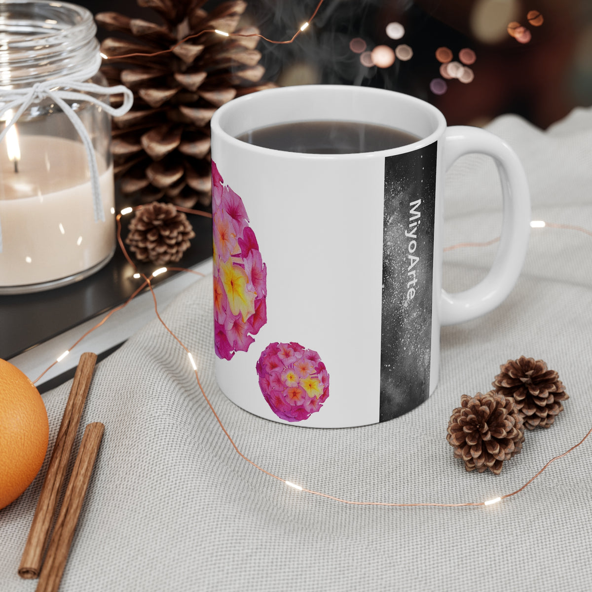 Taza cerámica blanca FLORAL rosa 11oz , sublimación con ilustración acuarela "COLECCION MANDALA FLORAL"
