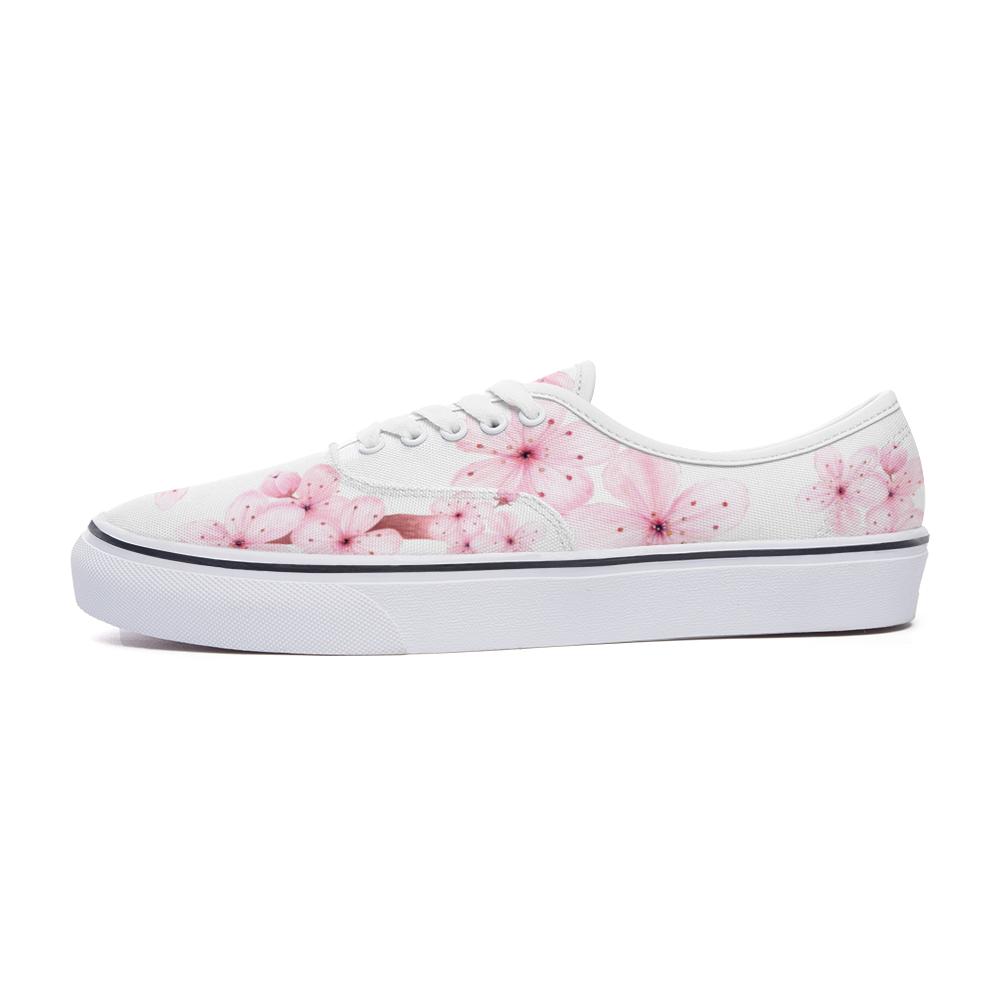 Zapatilla deportiva blanca diseño botánico ALMENDRO ROSADO,estilo floral; UNISEX ,vans , converse, sneakers