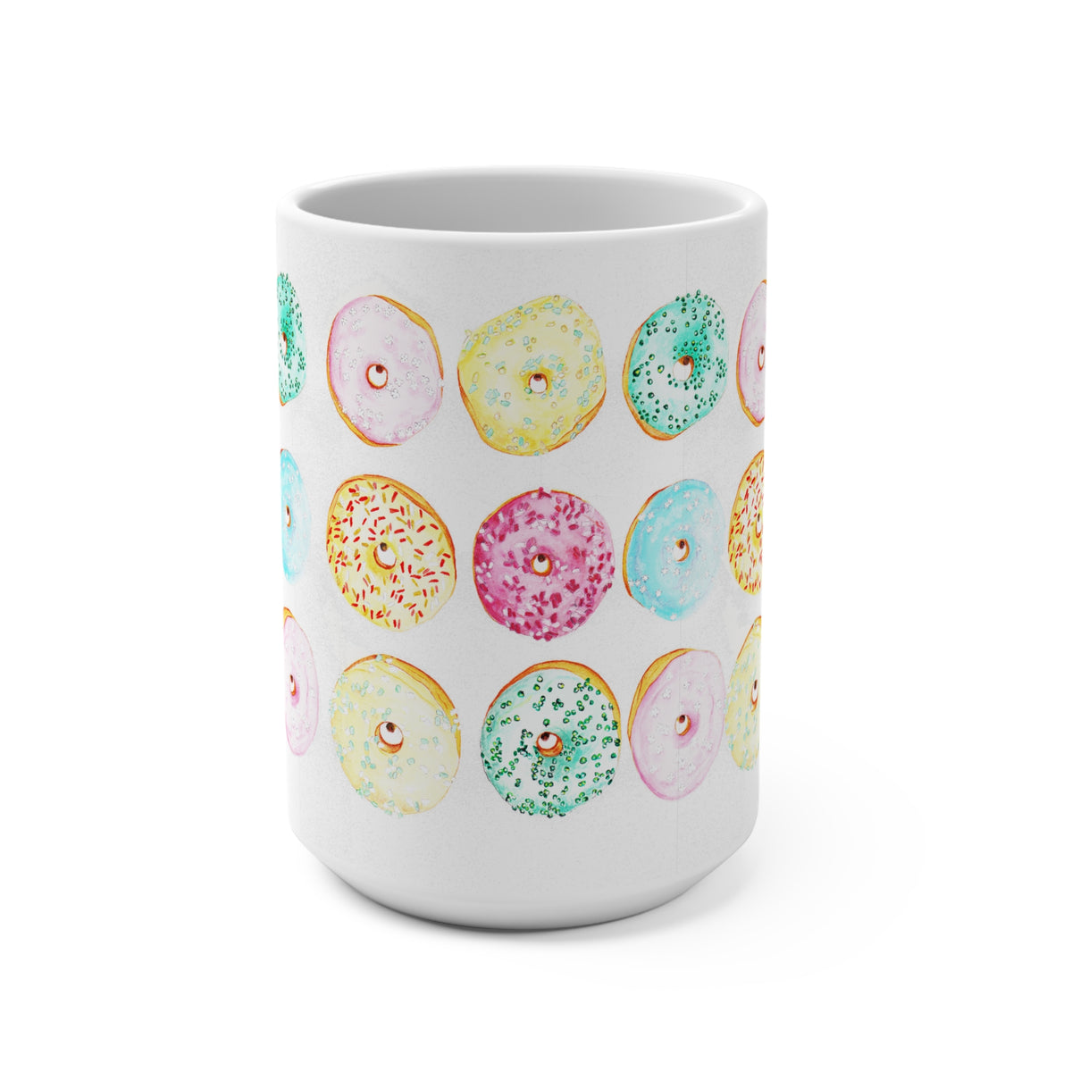 Taza cerámica blanca ilustración pop en sublimación 15oz (0,44L) ,"COLECCION Donuts coloridos"@Miyoarte