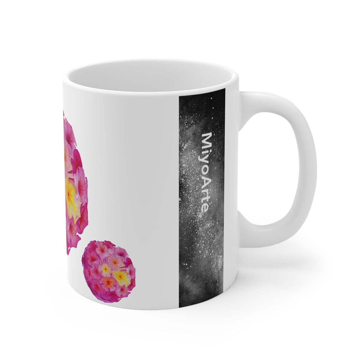 Taza cerámica blanca FLORAL rosa 11oz , sublimación con ilustración acuarela "COLECCION MANDALA FLORAL"