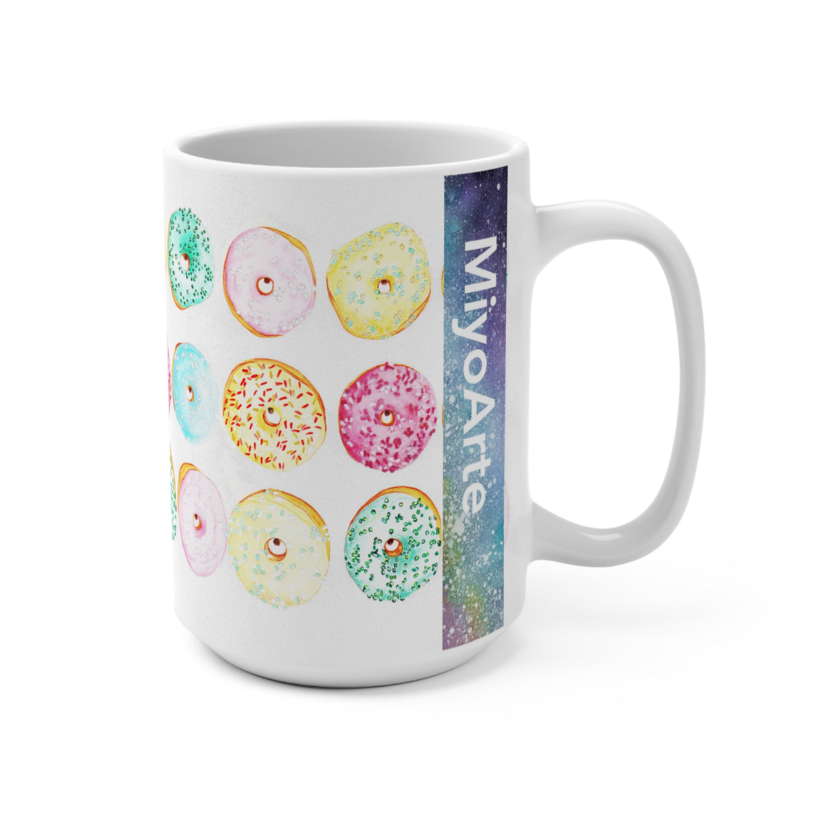 Taza cerámica blanca ilustración pop en sublimación 15oz (0,44L) ,"COLECCION Donuts coloridos"@Miyoarte