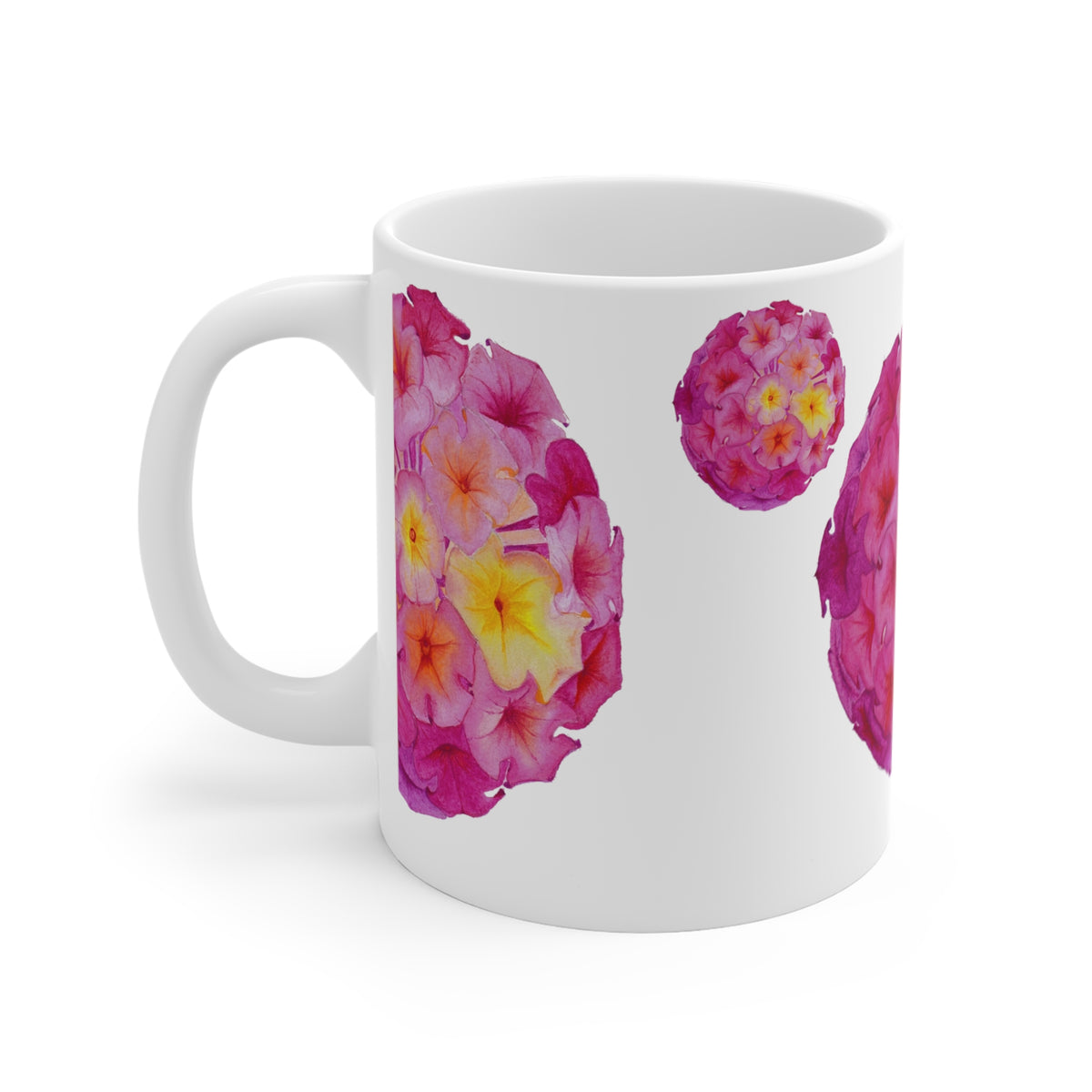 Taza cerámica blanca FLORAL rosa 11oz , sublimación con ilustración acuarela "COLECCION MANDALA FLORAL"