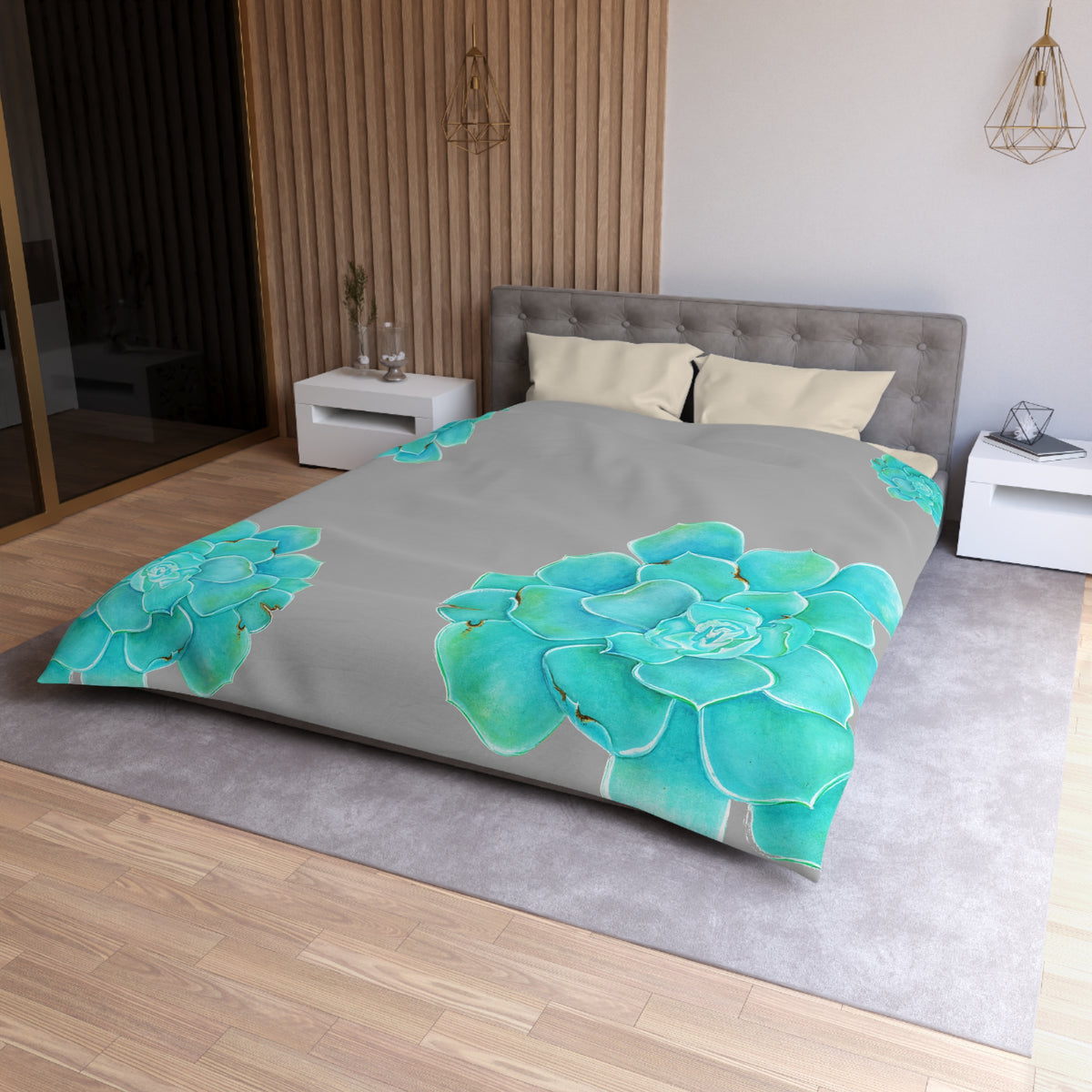DECORA CON GRIS Y TURQUESA BOTANICA ;funda nórdica de microfibra. Diseño botánico con estilo @Miyoarte
