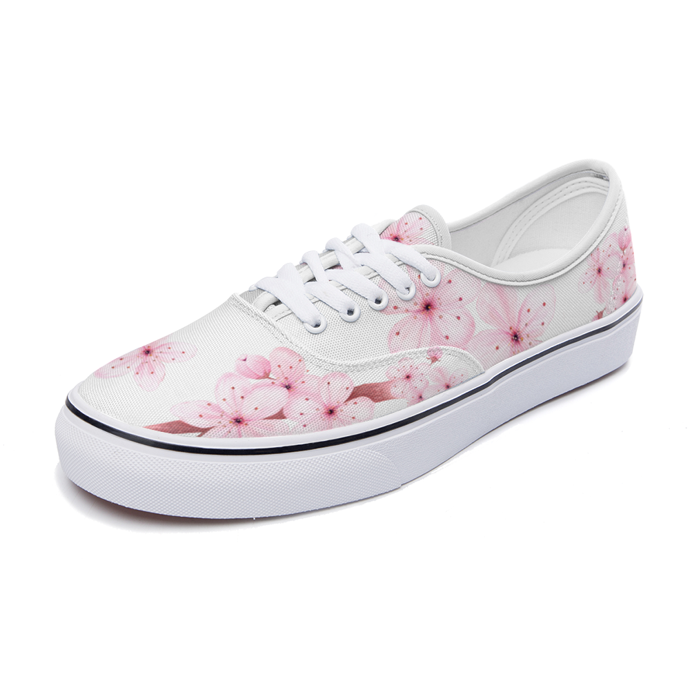 Zapatilla deportiva blanca diseño botánico ALMENDRO ROSADO,estilo floral; UNISEX ,vans , converse, sneakers