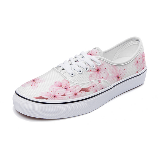 Zapatilla deportiva blanca diseño botánico ALMENDRO ROSADO,estilo floral; UNISEX ,vans , converse, sneakers