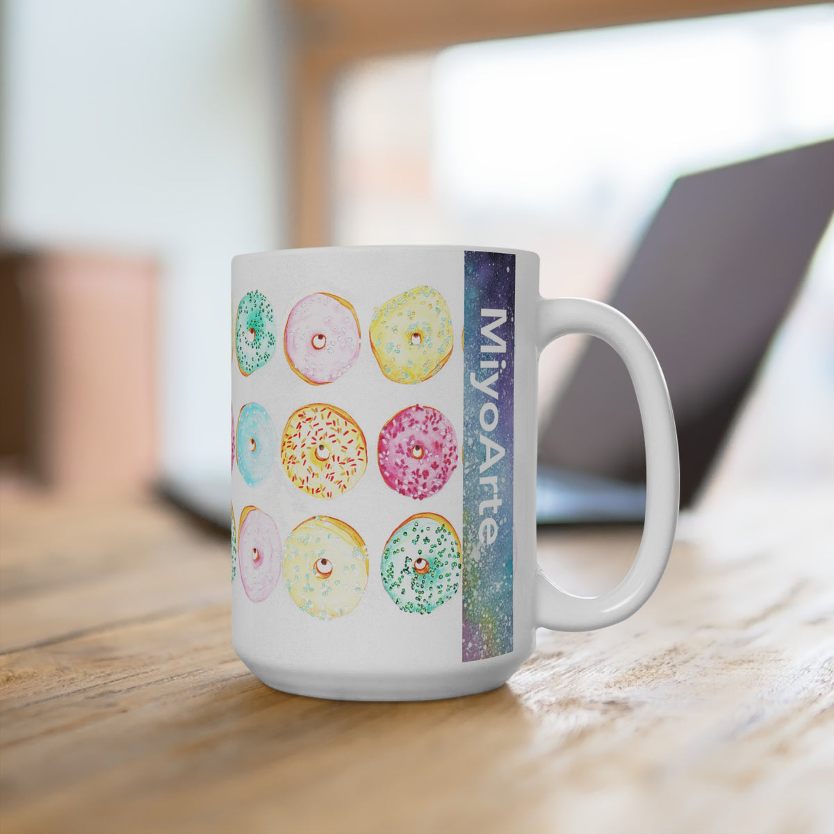 Taza cerámica blanca ilustración pop en sublimación 15oz (0,44L) ,"COLECCION Donuts coloridos"@Miyoarte