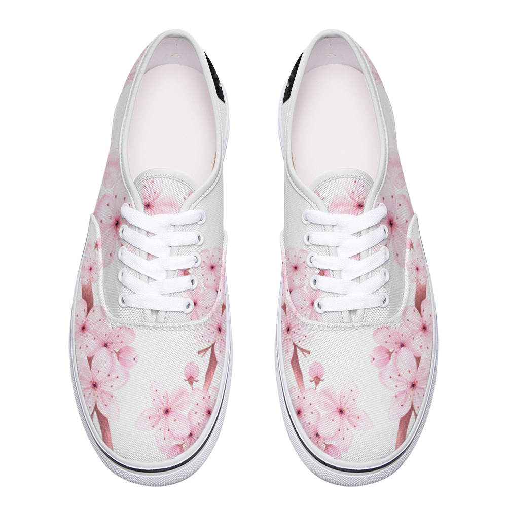 Zapatilla deportiva blanca diseño botánico ALMENDRO ROSADO,estilo floral; UNISEX ,vans , converse, sneakers