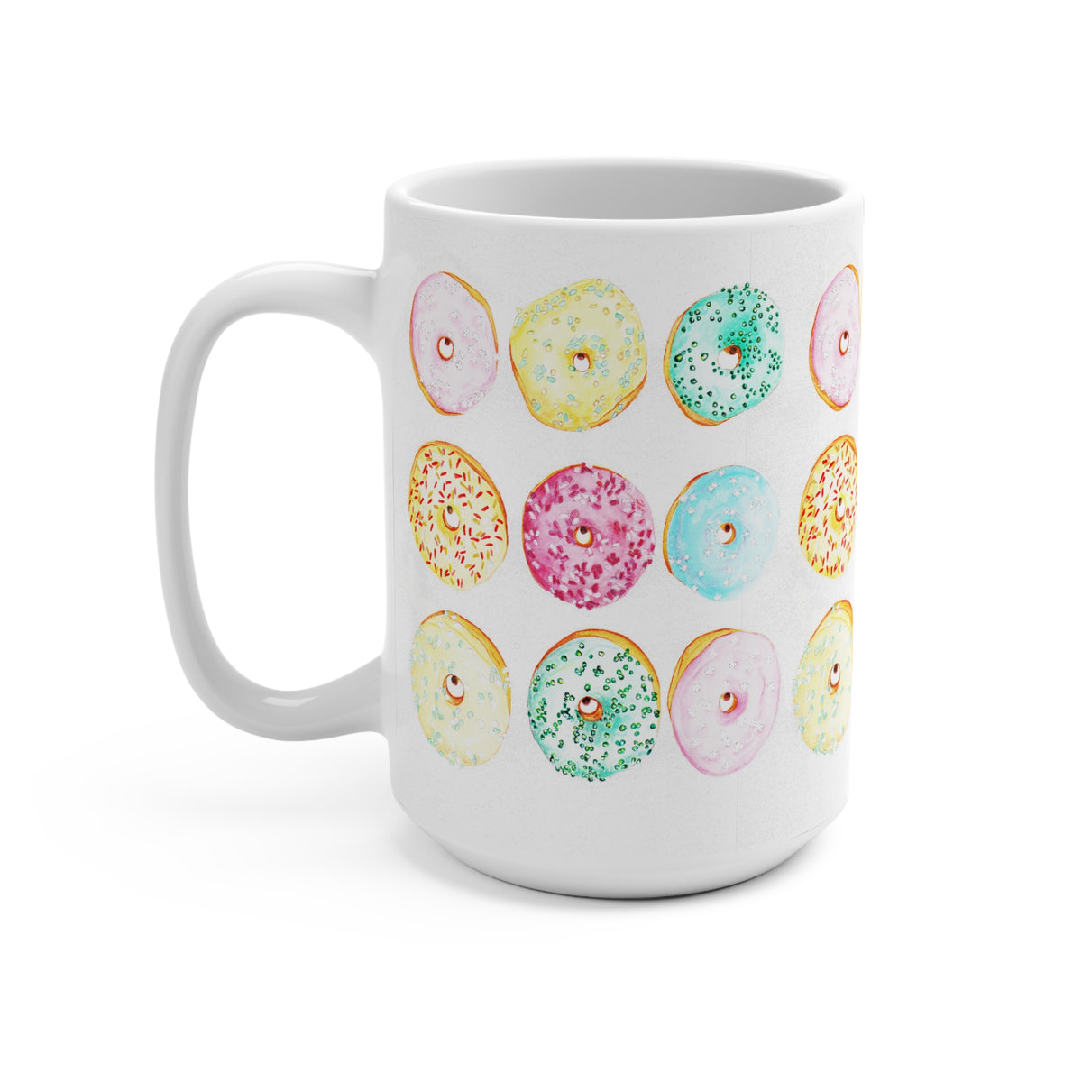Taza cerámica blanca ilustración pop en sublimación 15oz (0,44L) ,"COLECCION Donuts coloridos"@Miyoarte
