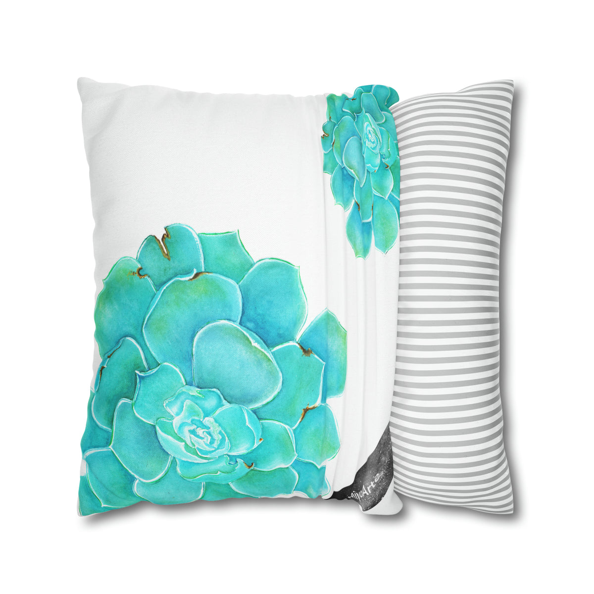 Decora con turquesa botánica ,Funda de almohada blanca DISEÑO @Miyoarte