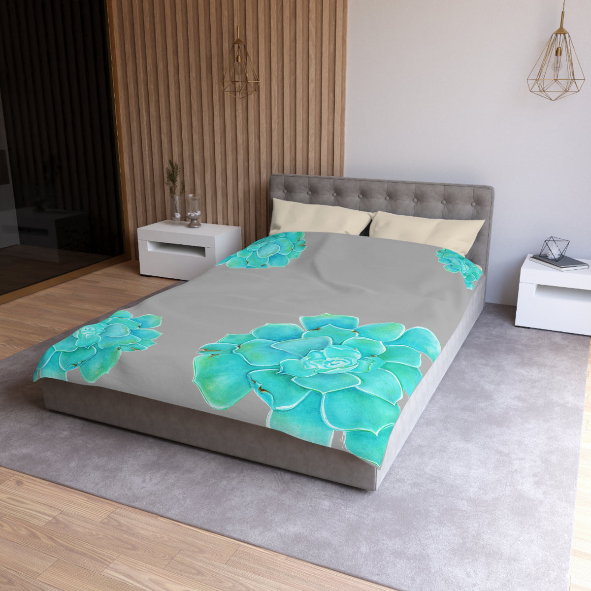 DECORA CON GRIS Y TURQUESA BOTANICA ;funda nórdica de microfibra. Diseño botánico con estilo @Miyoarte