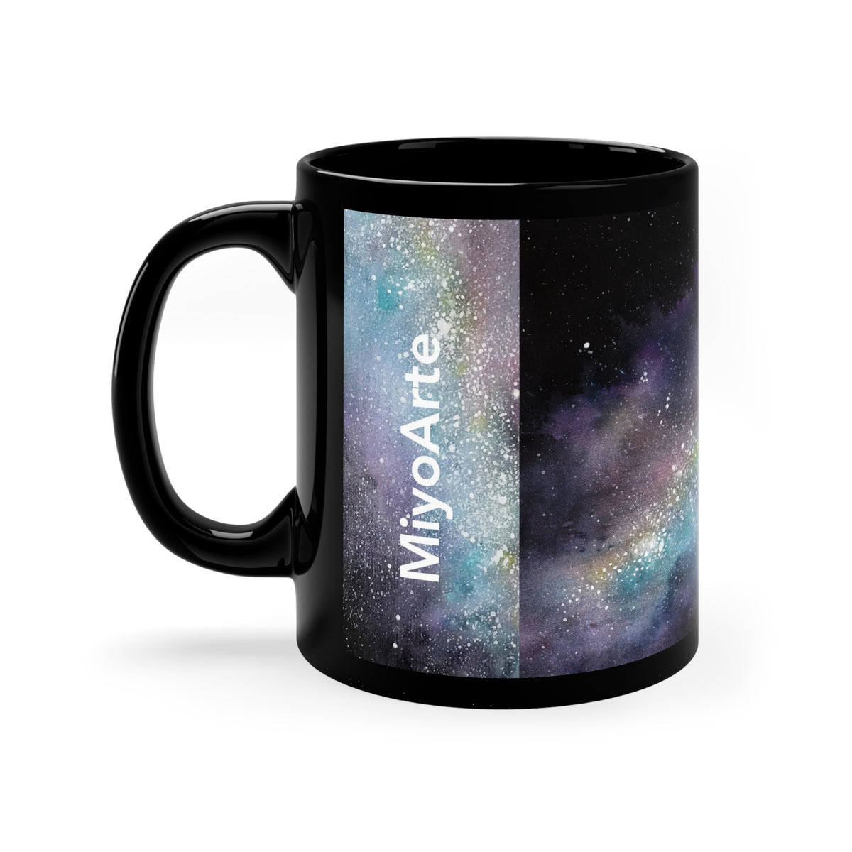 taza ceramica negra galaxia ,sublimación con ilustración colorida de diseño exclusivo "COLECCION GALAXIA"11oz (0,33l) @Miyoarte