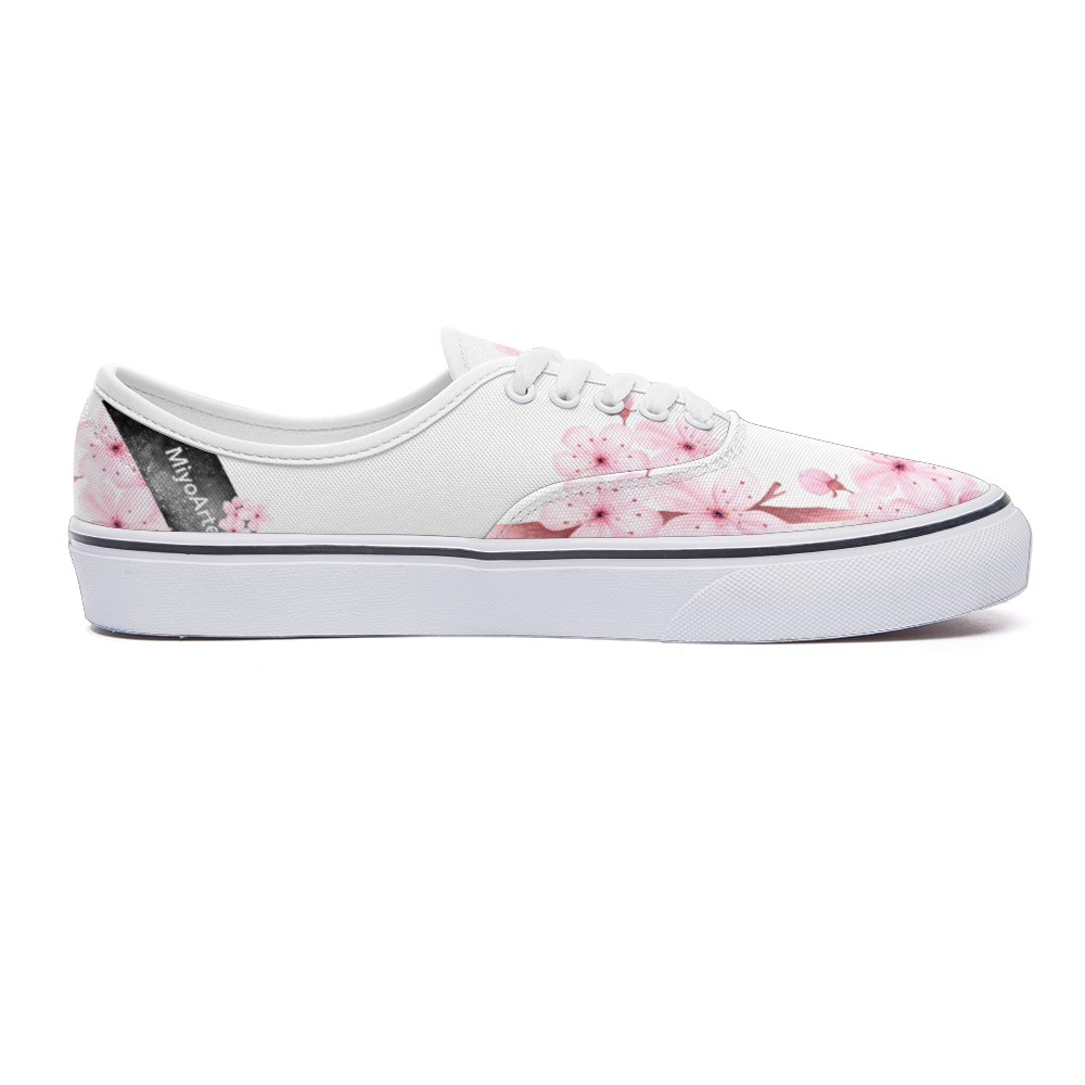 Zapatilla deportiva blanca diseño botánico ALMENDRO ROSADO,estilo floral; UNISEX ,vans , converse, sneakers
