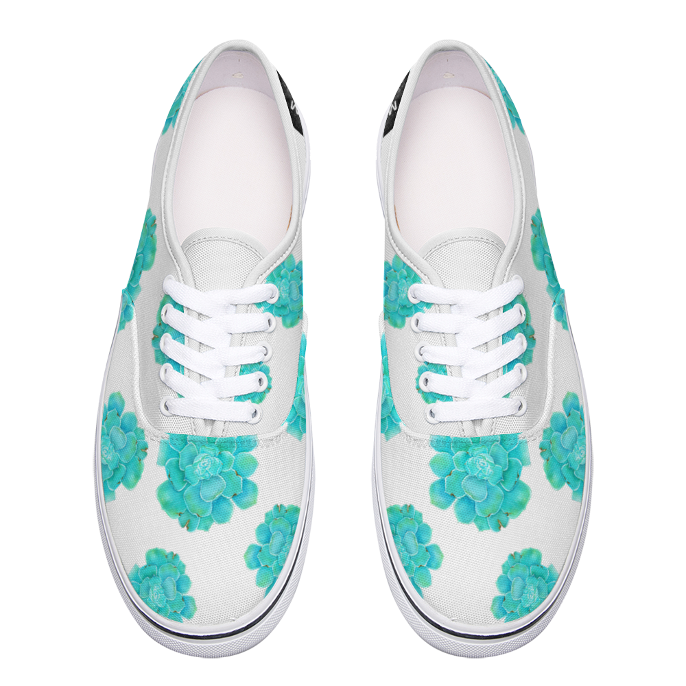 Zapatilla deportiva blanca diseño botánico turquesa ,estilo floral; UNISEX ,vans , converse, sneakers